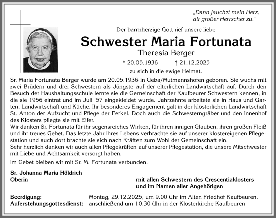 Traueranzeige von Maria Fortunata Theresia Berger von Allgäuer Zeitung, Kaufbeuren/Buchloe
