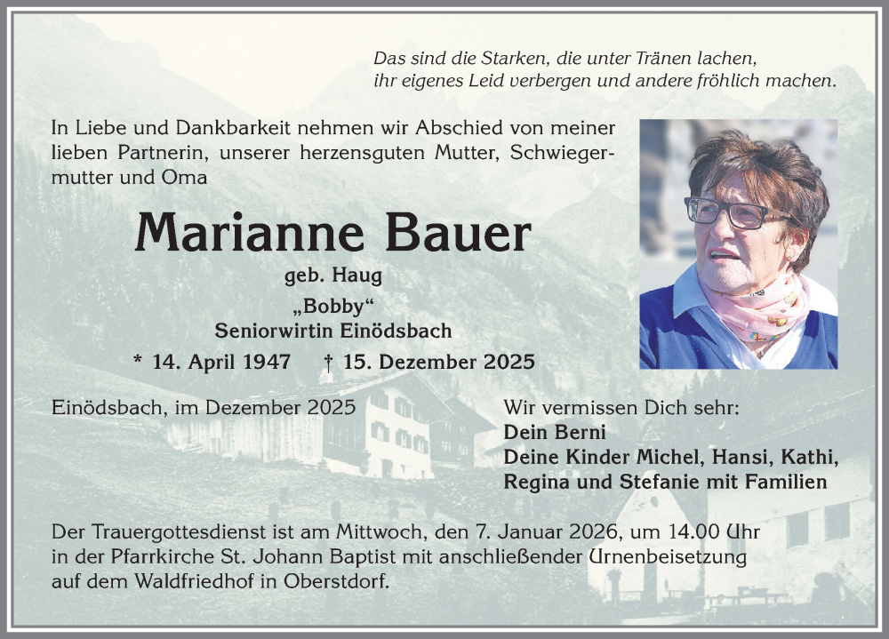  Traueranzeige für Marianne Bauer vom 27.12.2025 aus Allgäuer Anzeigeblatt