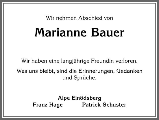 Traueranzeige von Marianne Bauer von Allgäuer Anzeigeblatt