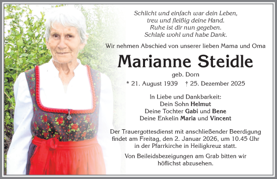 Traueranzeige von Marianne Steidle von Allgäuer Zeitung,Kempten
