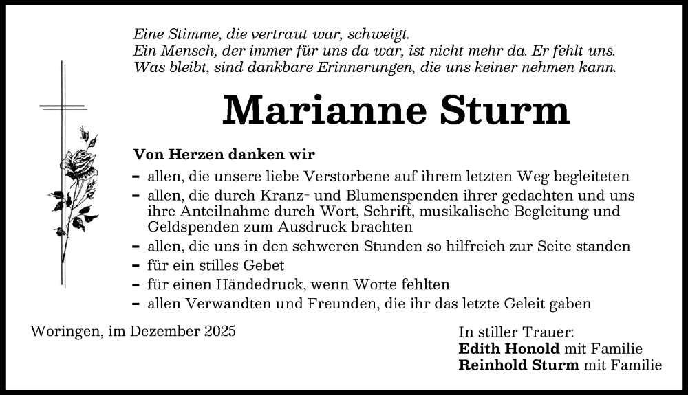  Traueranzeige für Marianne Sturm vom 06.12.2025 aus Memminger Zeitung