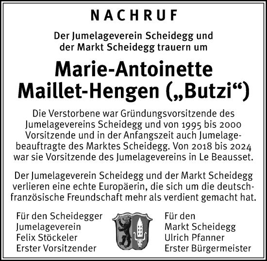 Traueranzeige von Marie-Antoinette Maillet-Hengen von Der Westallgäuer
