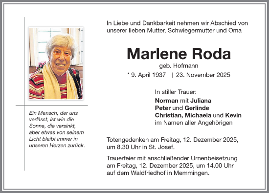 Traueranzeige von Marlene Roda von Memminger Zeitung