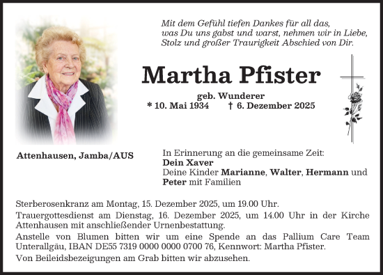 Traueranzeige von Martha Pfister von Memminger Zeitung