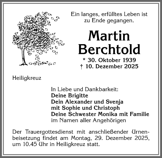 Traueranzeige von Martin Berchtold von Allgäuer Zeitung,Kempten