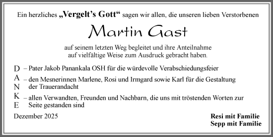 Traueranzeige von Martin Gast von Allgäuer Zeitung, Marktoberdorf