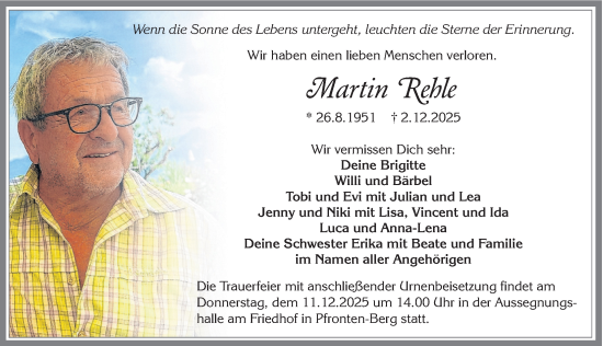 Traueranzeige von Martin Rehle von Allgäuer Zeitung, Füssen