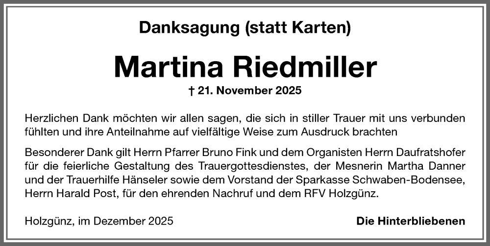  Traueranzeige für Martina Riedmiller vom 18.12.2025 aus Memminger Zeitung