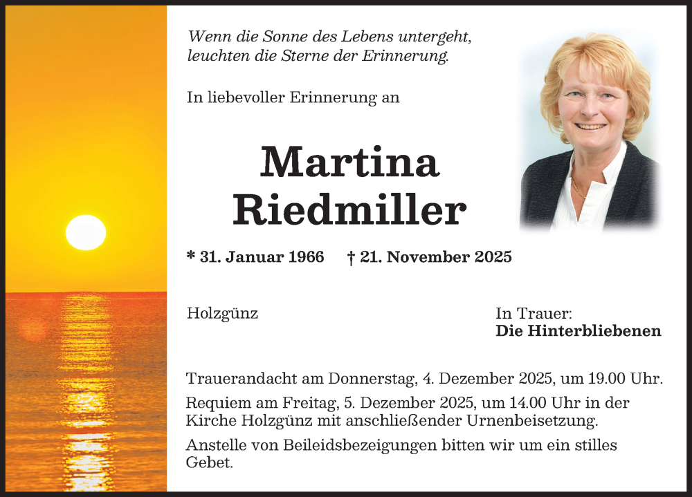  Traueranzeige für Martina Riedmiller vom 02.12.2025 aus Memminger Zeitung