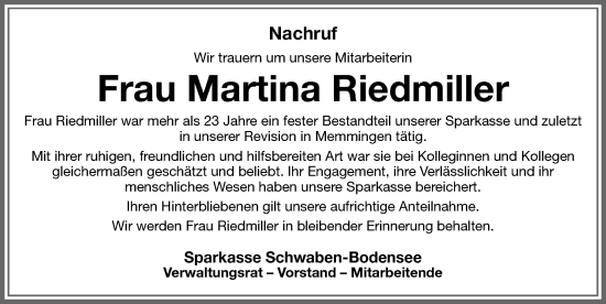 Traueranzeige von Martina Riedmiller von Memminger Zeitung
