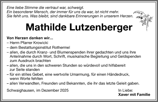 Traueranzeige von Mathilde Lutzenberger von Memminger Zeitung