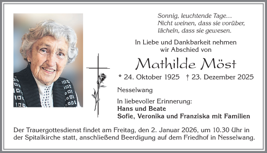 Traueranzeige von Mathilde Möst von Allgäuer Zeitung, Füssen