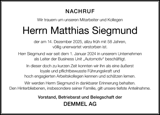 Traueranzeige von Matthias Siegmund von Der Westallgäuer