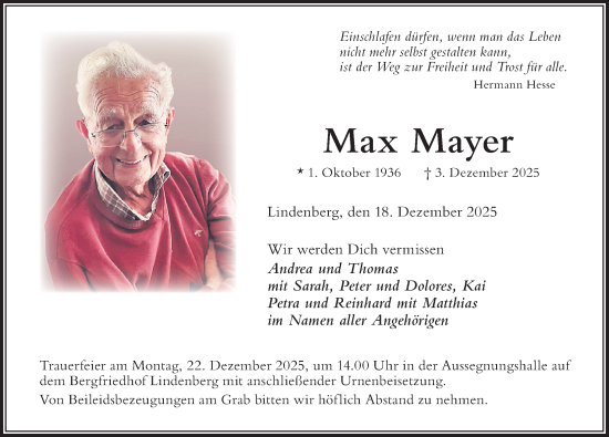 Traueranzeige von Max Mayer von Der Westallgäuer
