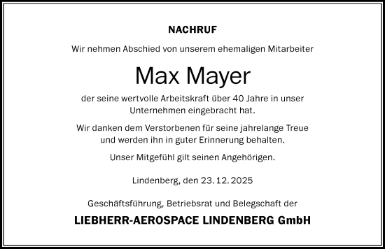 Traueranzeige von Max Mayer von Der Westallgäuer