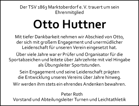 Traueranzeige von Otto Huttner von Allgäuer Zeitung, Marktoberdorf