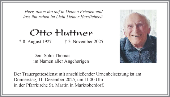 Traueranzeige von Otto Huttner von Allgäuer Zeitung, Marktoberdorf
