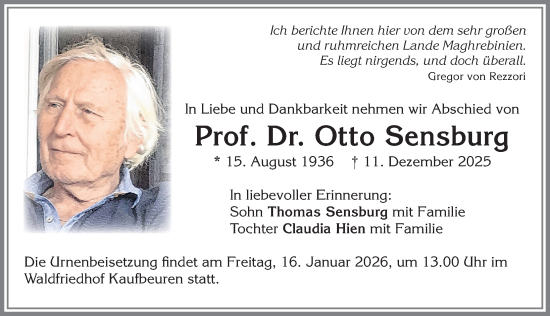 Traueranzeige von Otto Sensburg von Allgäuer Zeitung, Kaufbeuren/Buchloe