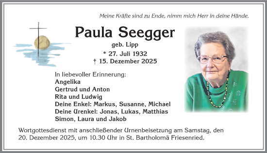 Traueranzeige von Paula Seegger von Allgäuer Zeitung, Kaufbeuren/Buchloe