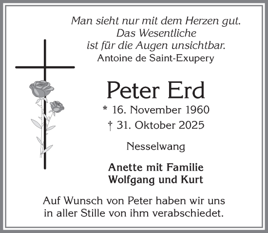 Traueranzeige von Peter Erd von Allgäuer Zeitung, Füssen