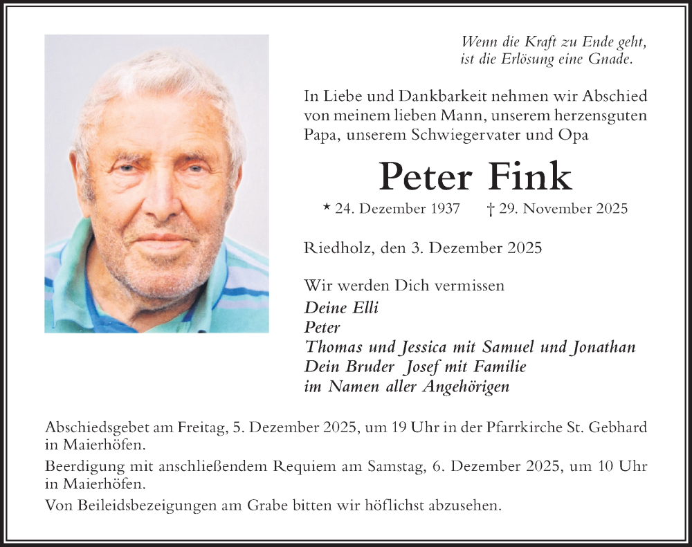  Traueranzeige für Peter Fink vom 03.12.2025 aus Der Westallgäuer