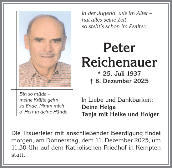 Traueranzeige von Peter Reichenauer von Allgäuer Zeitung,Kempten