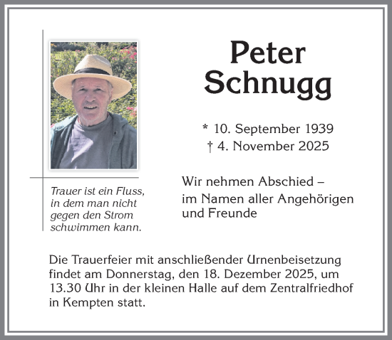 Traueranzeige von Peter Schnugg von Allgäuer Zeitung,Kempten
