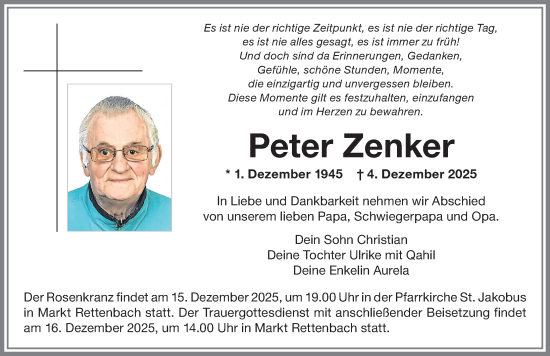 Traueranzeige von Peter Zenker von Memminger Zeitung