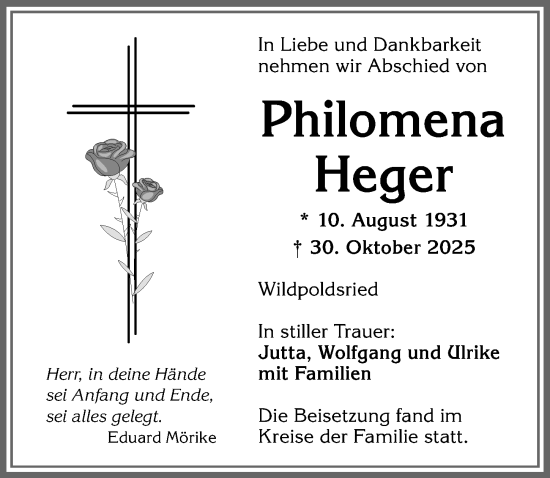 Traueranzeige von Philomena Heger von Allgäuer Zeitung,Kempten