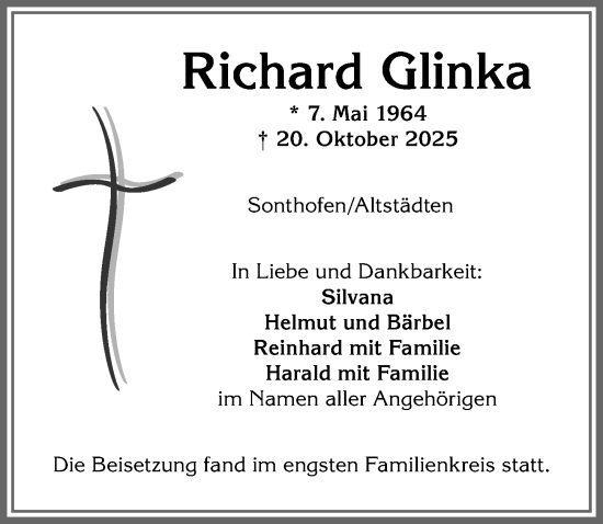 Traueranzeige von Richard Glinka von Allgäuer Anzeigeblatt