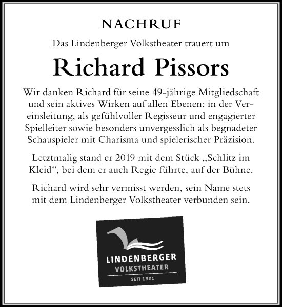 Traueranzeige von Richard Pissors von Der Westallgäuer