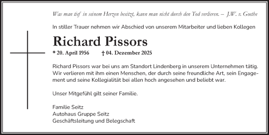 Traueranzeige von Richard Pissors von Der Westallgäuer