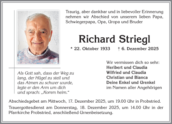 Traueranzeige von Richard Striegl von Allgäuer Zeitung,Kempten