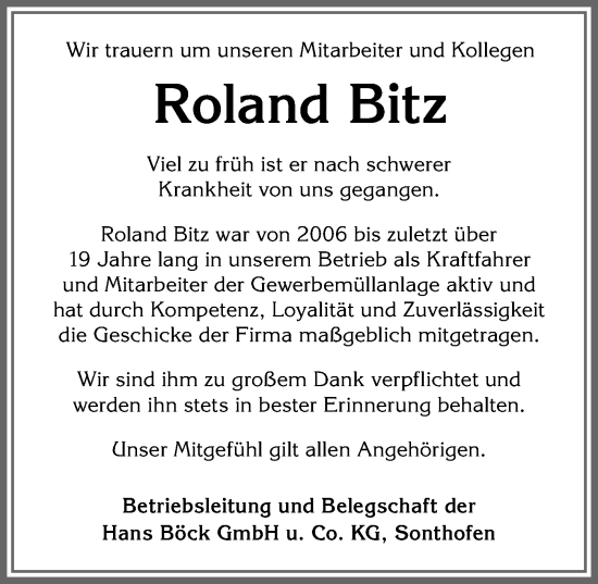Traueranzeige von Roland Bitz von Allgäuer Anzeigeblatt