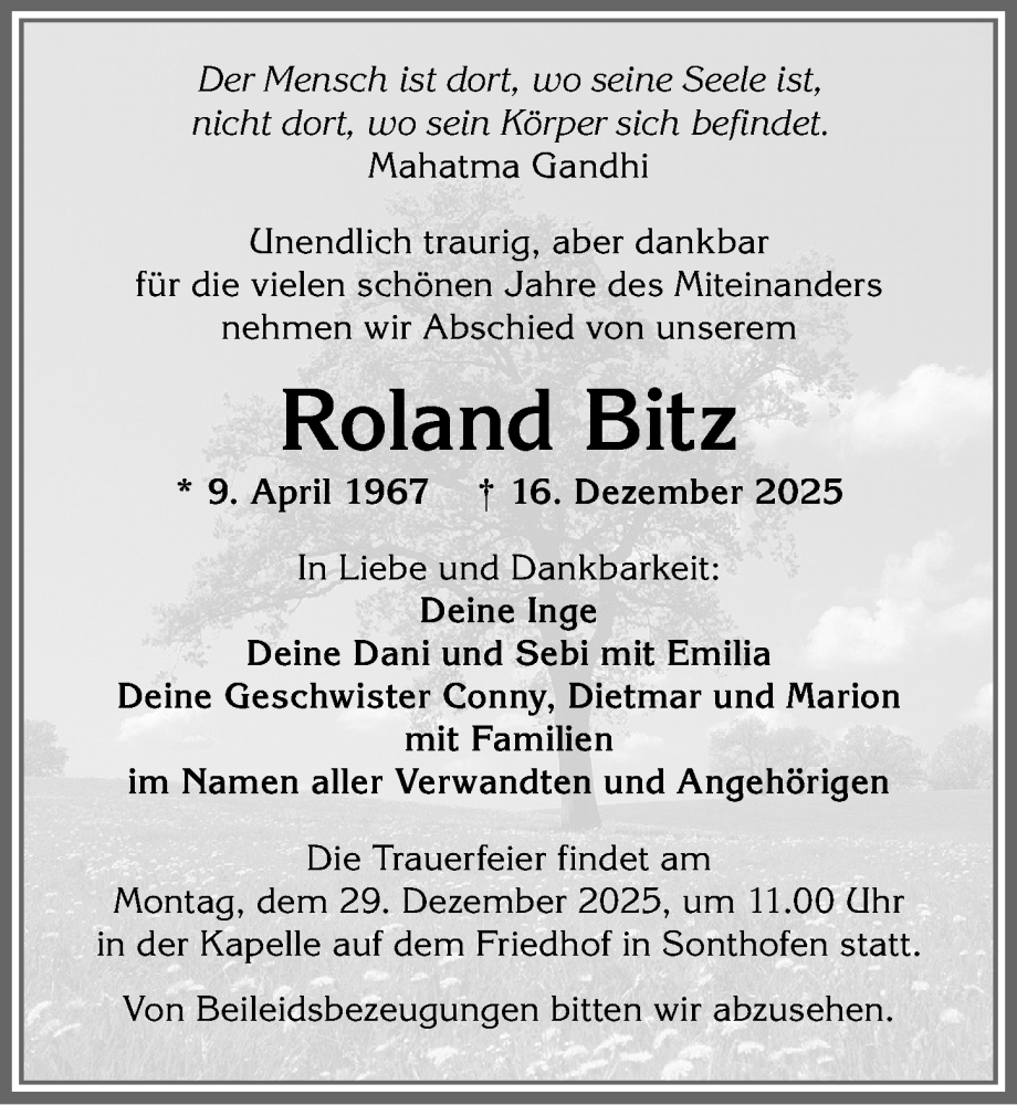  Traueranzeige für Roland Bitz vom 20.12.2025 aus Allgäuer Anzeigeblatt