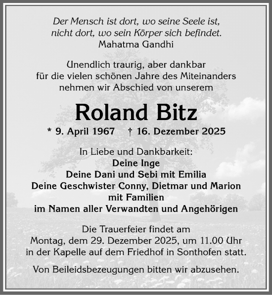 Traueranzeige von Roland Bitz von Allgäuer Anzeigeblatt