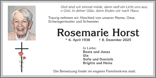 Traueranzeige von Rosemarie Horst von Allgäuer Zeitung,Kempten