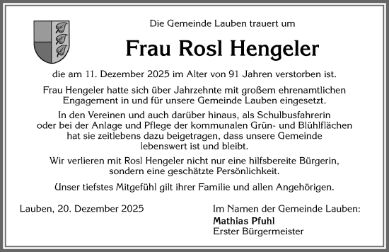 Traueranzeige von Rosl Hengeler von Allgäuer Zeitung,Kempten