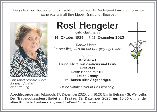 Traueranzeige von Rosl Hengeler von Allgäuer Zeitung,Kempten