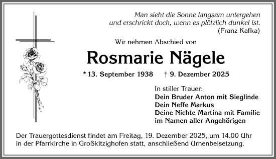 Traueranzeige von Rosmarie Nägele von Allgäuer Zeitung, Kaufbeuren/Buchloe