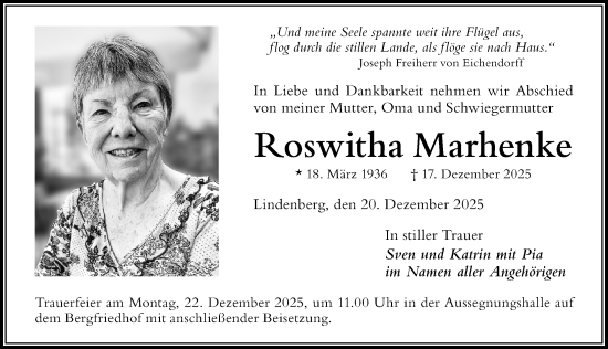 Traueranzeige von Roswitha Marhenke von Der Westallgäuer