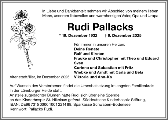Traueranzeige von Rudi Pallacks von Memminger Zeitung