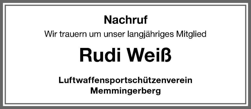  Traueranzeige für Rudi Weiß vom 30.12.2025 aus Memminger Zeitung