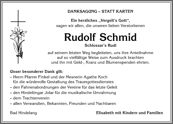 Traueranzeige von Rudolf Schmid von Allgäuer Anzeigeblatt