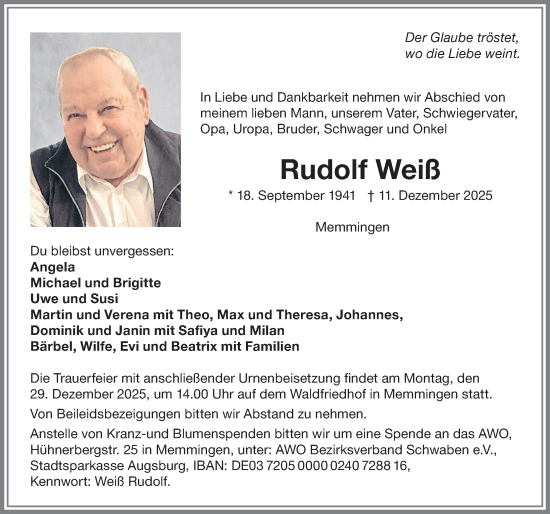 Traueranzeige von Rudolf Weiß von Memminger Zeitung