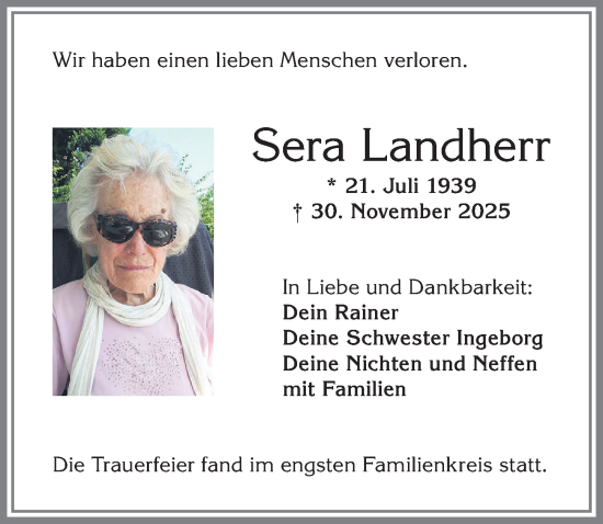 Traueranzeige von Sera Landherr von Allgäuer Zeitung,Kempten