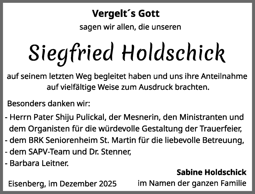  Traueranzeige für Siegfried Holdschick vom 09.12.2025 aus Allgäuer Zeitung, Füssen