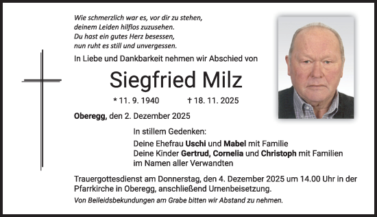 Traueranzeige von Siegfried Milz von Memminger Zeitung