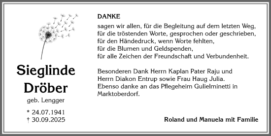 Traueranzeige von Sieglinde Dröber von Allgäuer Zeitung, Kaufbeuren/Buchloe