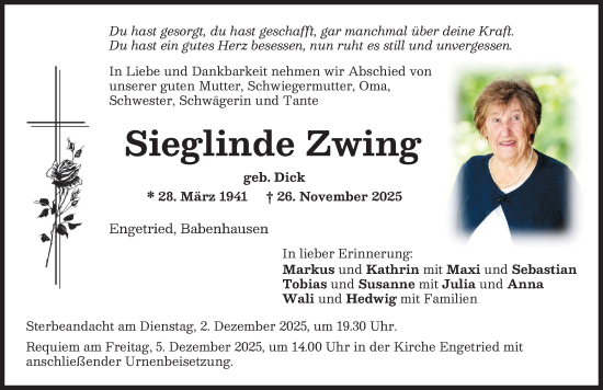 Traueranzeige von Sieglinde Zwing von Memminger Zeitung